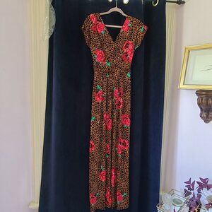 IMAN: Leopard  & Rose Print V Neck/Back Empire Maxi Dress NWT Size XST/Medium